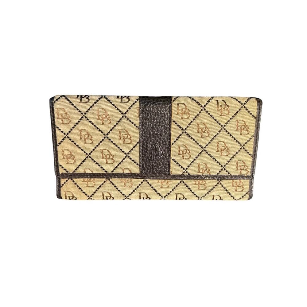 Dooney & Bourke Tan & Brown Signature Monogram Flap Long Clutch Wallet